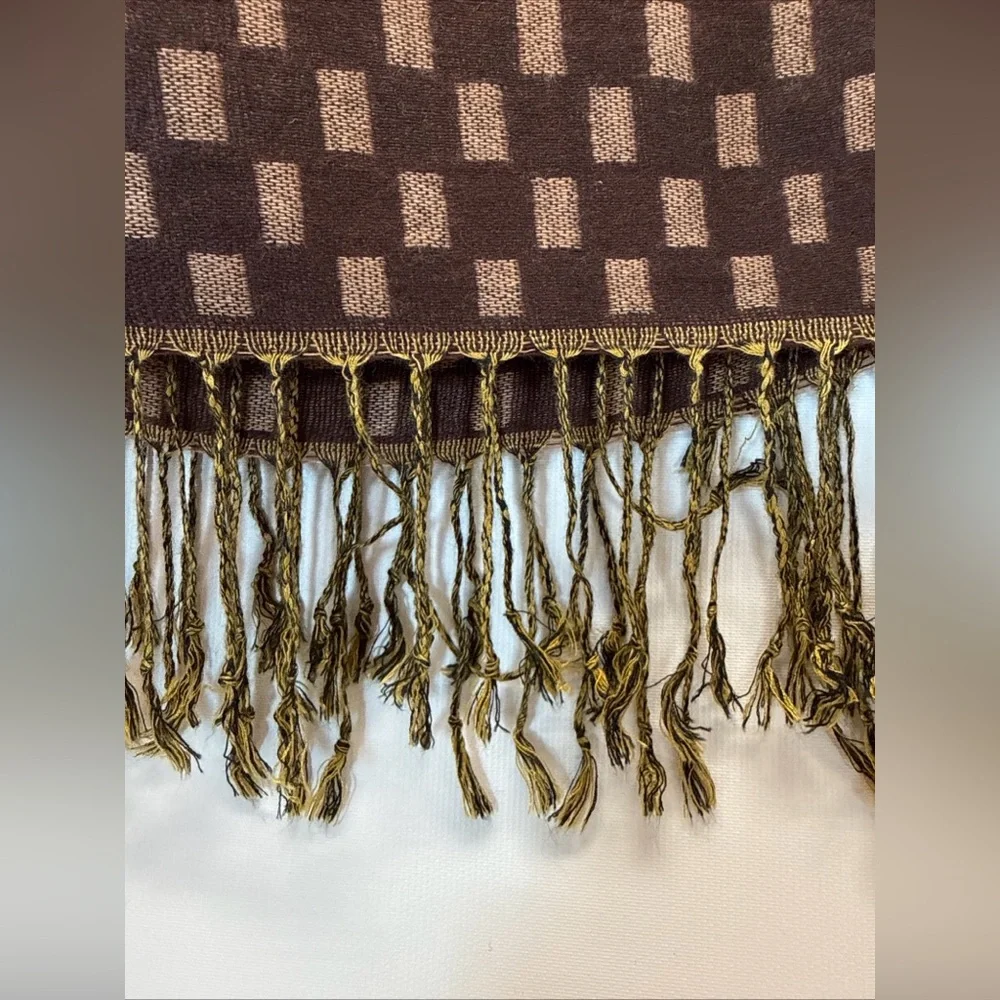 Pashmina Scarf Wrap Shawl Throw Brown Paisley Checkerboard Stripe Fringe 28